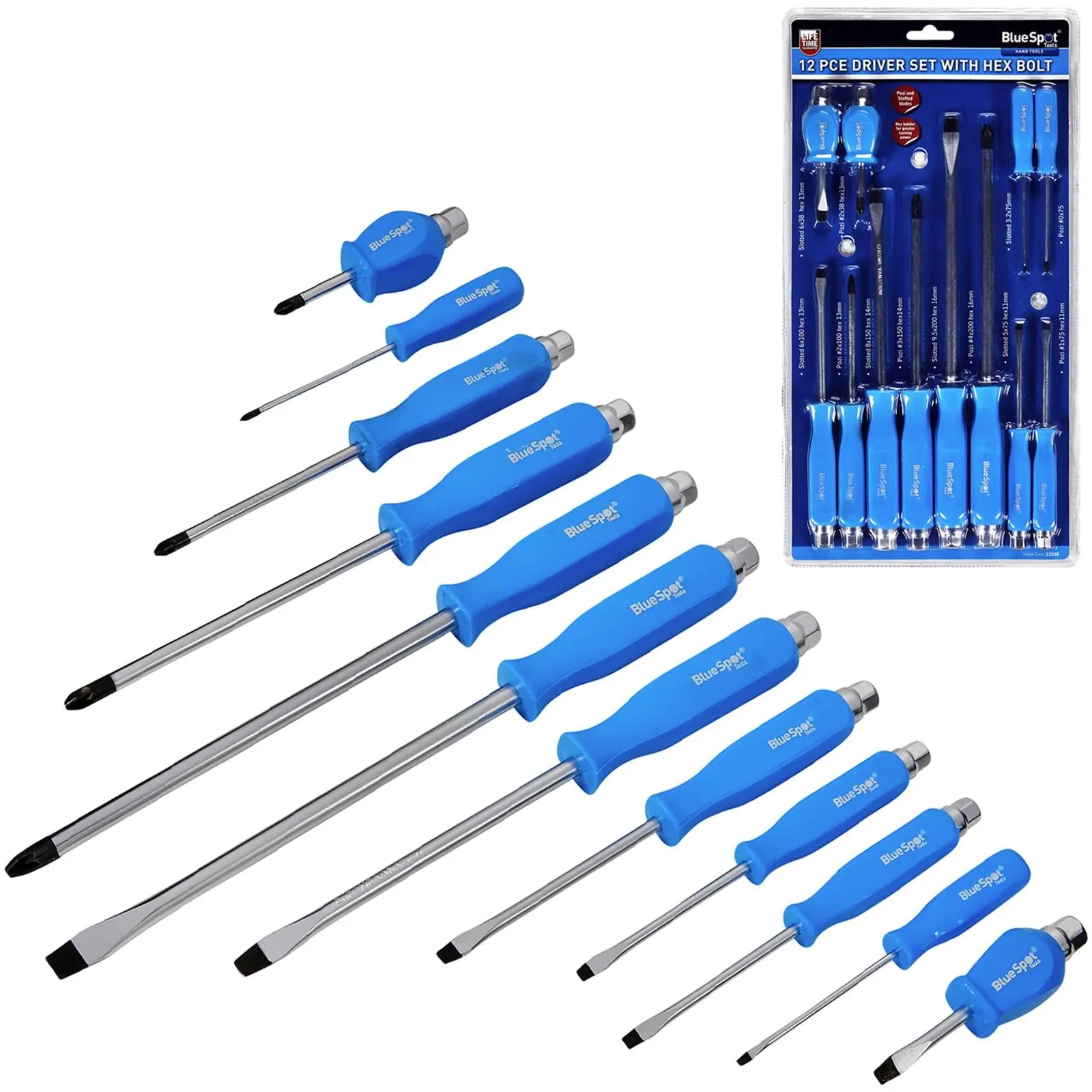 BlueSpot Screwdriver Set with Hex Bolster 12 Piece Magnetic Tips