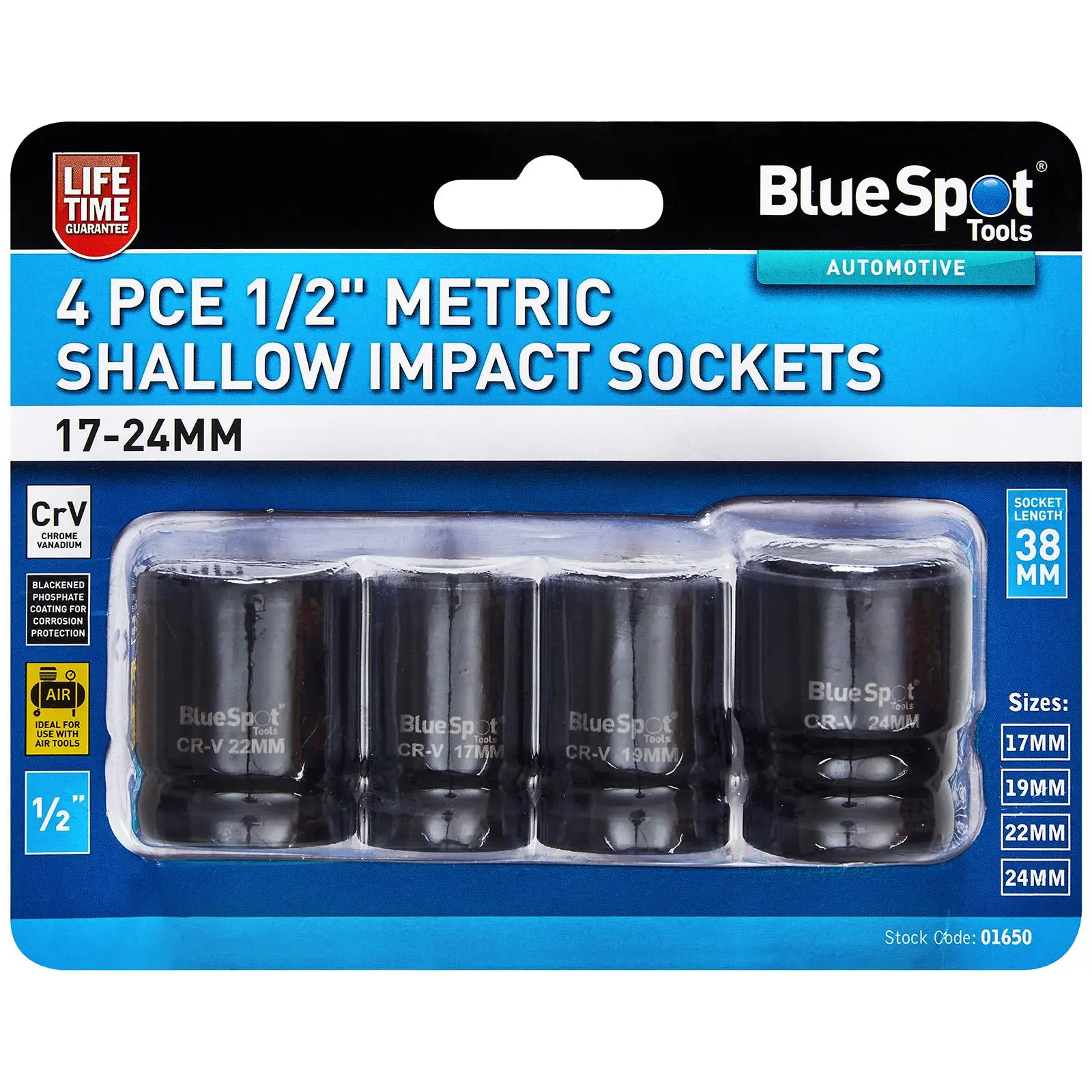BlueSpot Shallow Impact Socket Set 1/2" Drive Metric 17-24mm 4 Piece - Image 2
