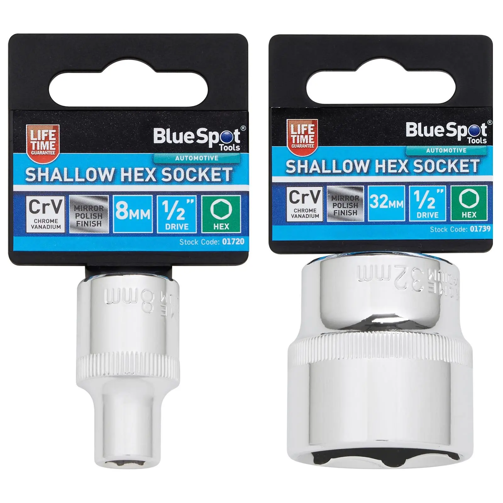 BlueSpot Shallow Socket 1/2" Drive 6 Point Hex Chrome Individual 8-32mm - Choose Size