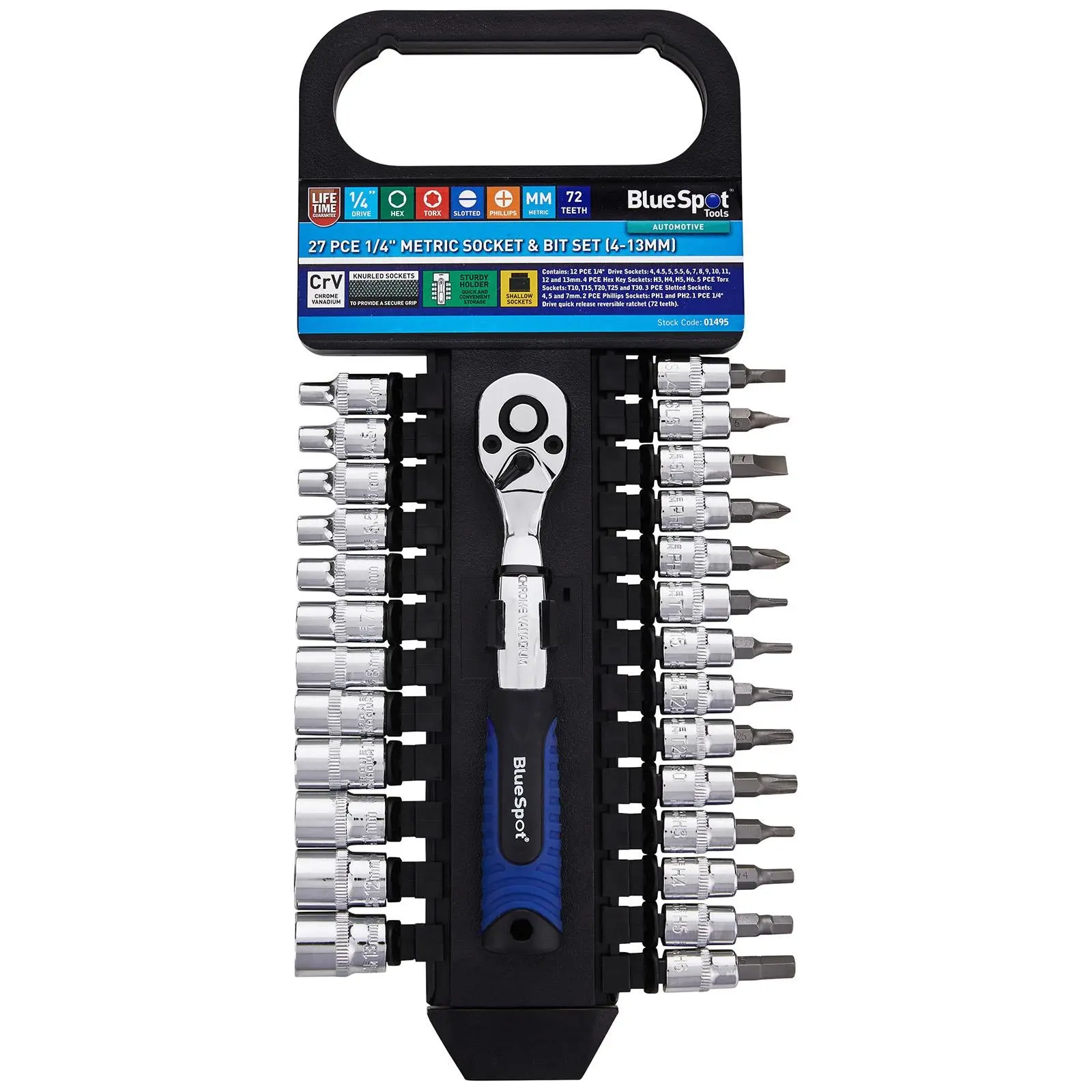 BlueSpot Socket Set and Bit Set with Ratchet Handle 1/4" Drive 4-13mm 27 Piece