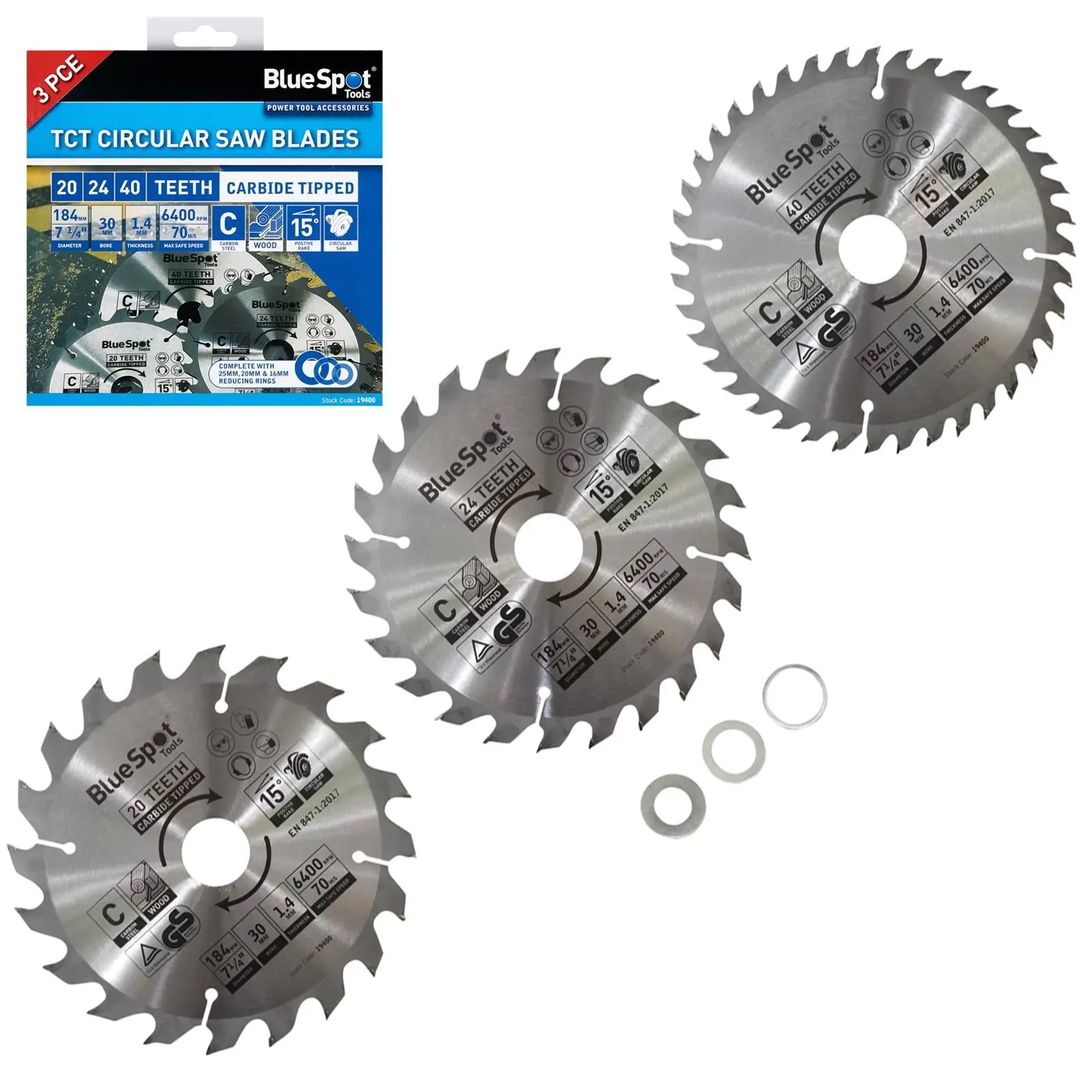 BlueSpot TCT Circular Saw Blades 20 24 40 Teeth 184mm x 30mm 3 Piece - Image 3