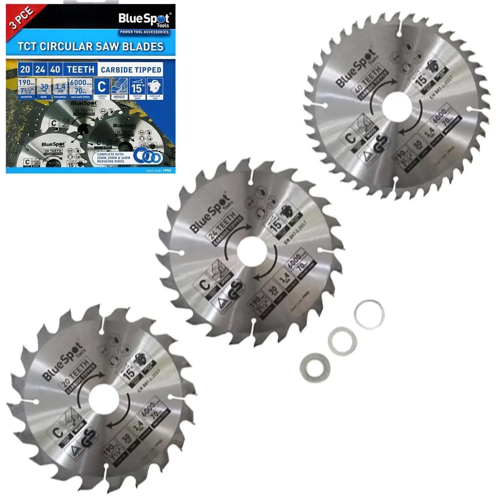 BlueSpot TCT Circular Saw Blades 20 24 40 Teeth 190mm x 30mm 3 Piece - Image 3
