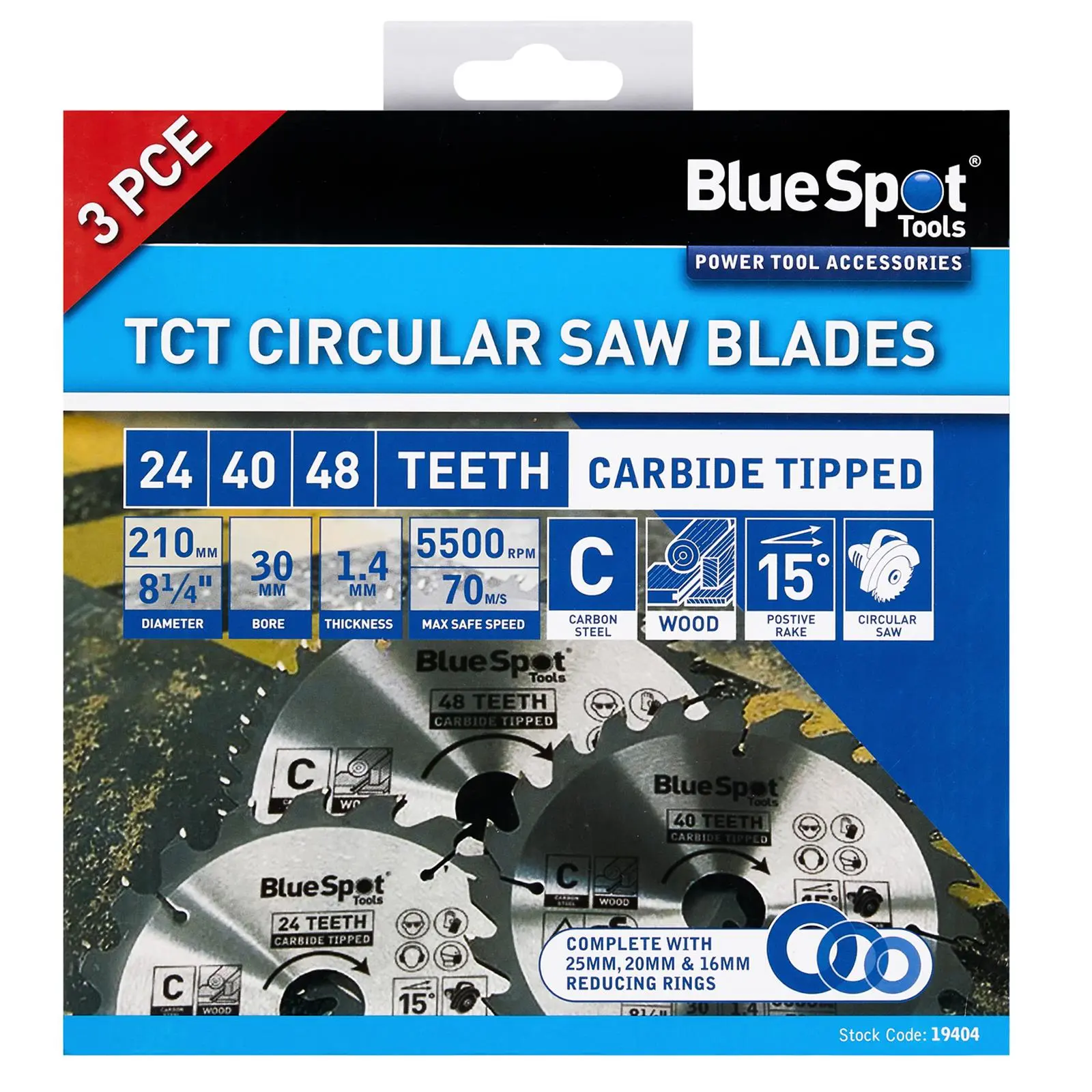 BlueSpot TCT Circular Saw Blades 24 40 48 Teeth 210mm x 30mm 3 Piece - Image 3