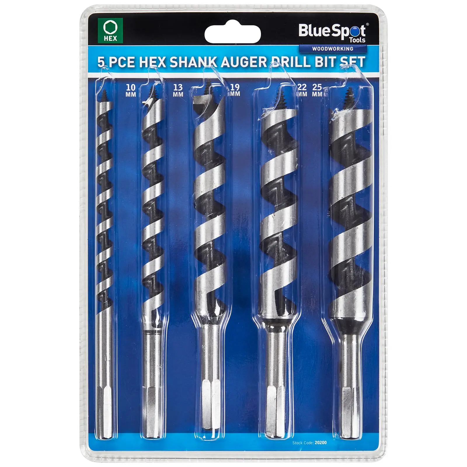 BlueSpot Wood Auger Drill Bit Set 10-25mm Hex Shank 5 Pieces