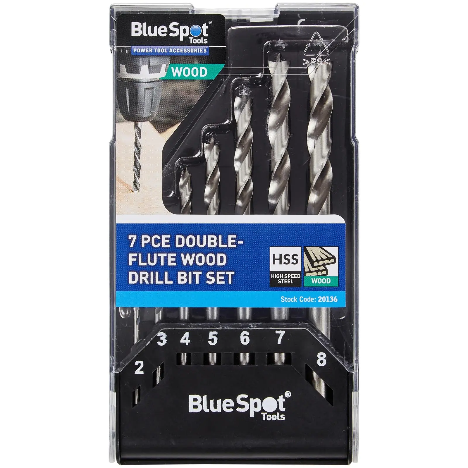 BlueSpot Wood Drill Bit Set Double Flute 2-8mm 7 Piece