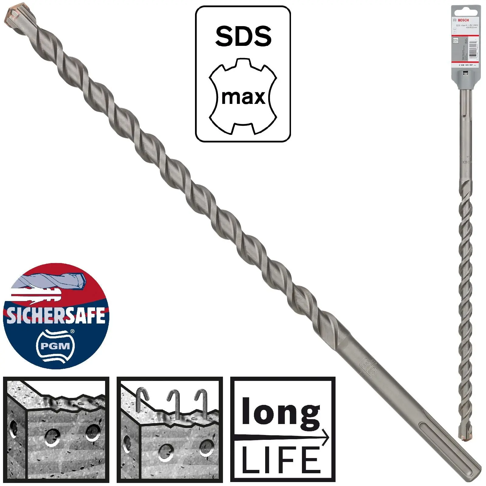 Bosch Hammer Drill Bit SDS Max 4 Cutter Head Concrete Masonry 22 x 520mm (WL:400mm)
