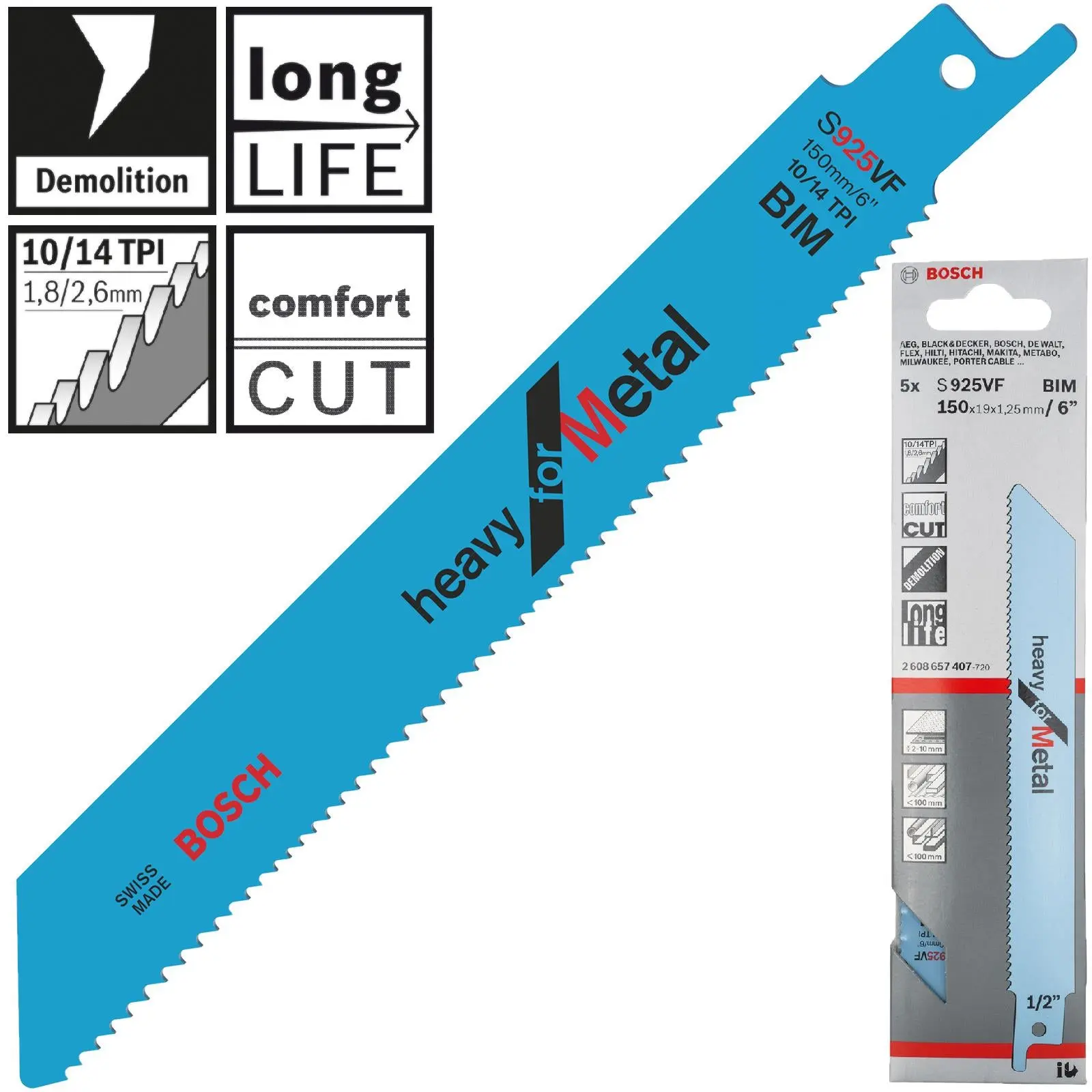 Bosch Reciprocating Saw Blades 150mm 6" 5 Pack S925VF Bi-Metal Recipro Blade Heavy for Metal - Image 2