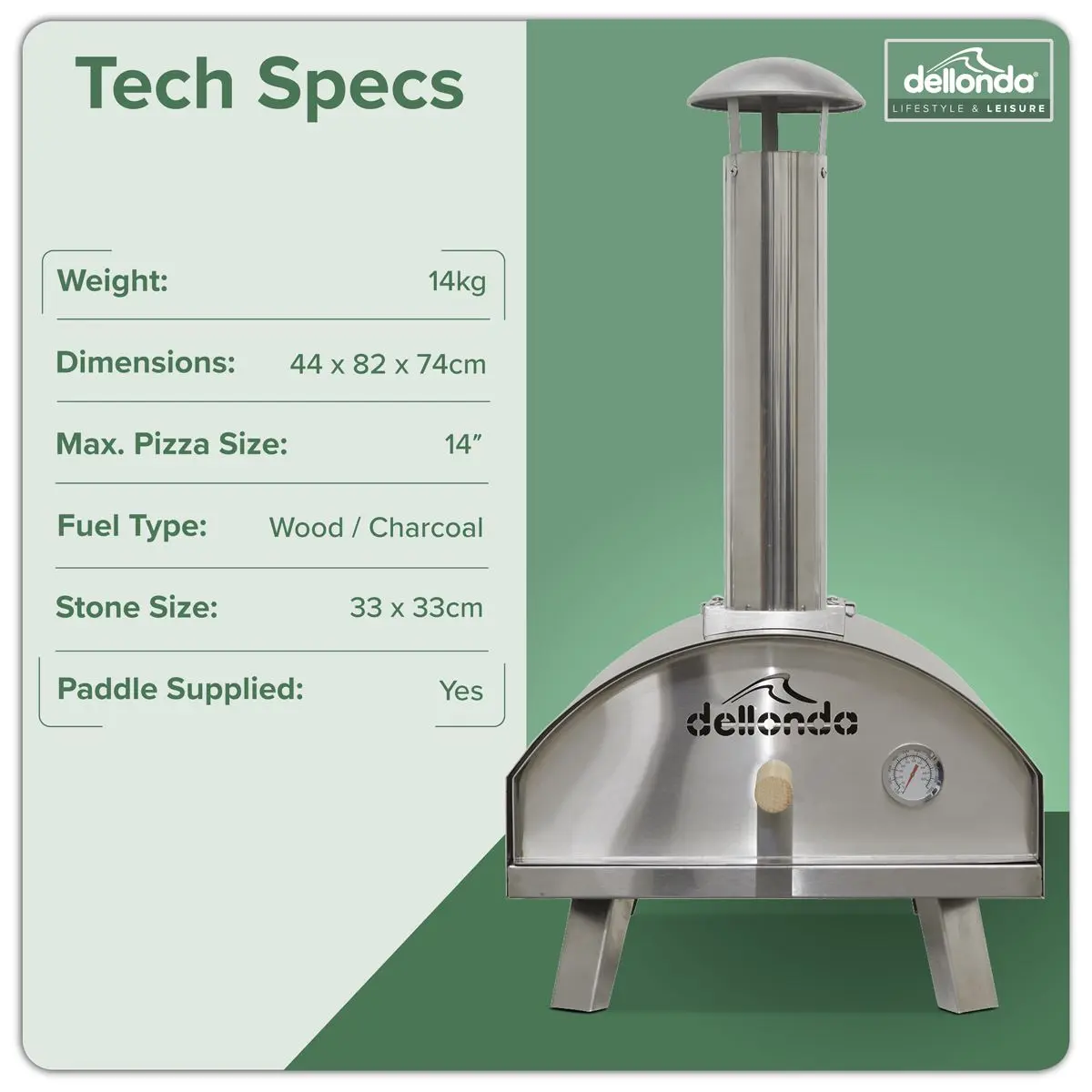 Dellonda 14" Portable Wood-Fired Pizza & Smoking Oven - Stainless Steel - Image 3
