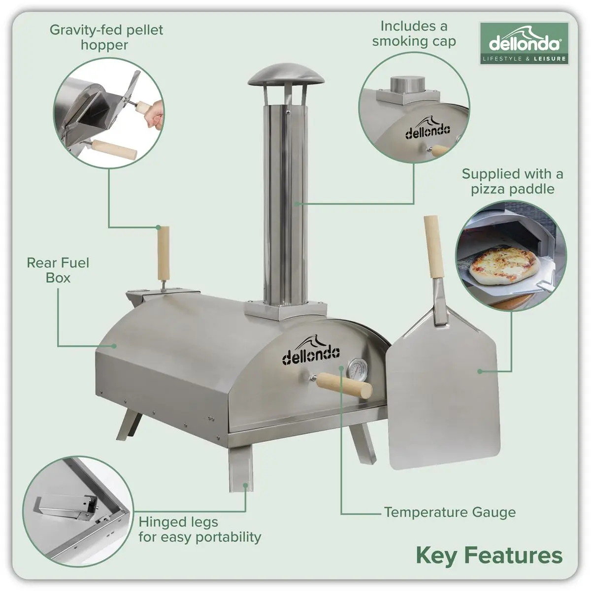 Dellonda 14" Portable Wood-Fired Pizza & Smoking Oven - Stainless Steel - Image 4