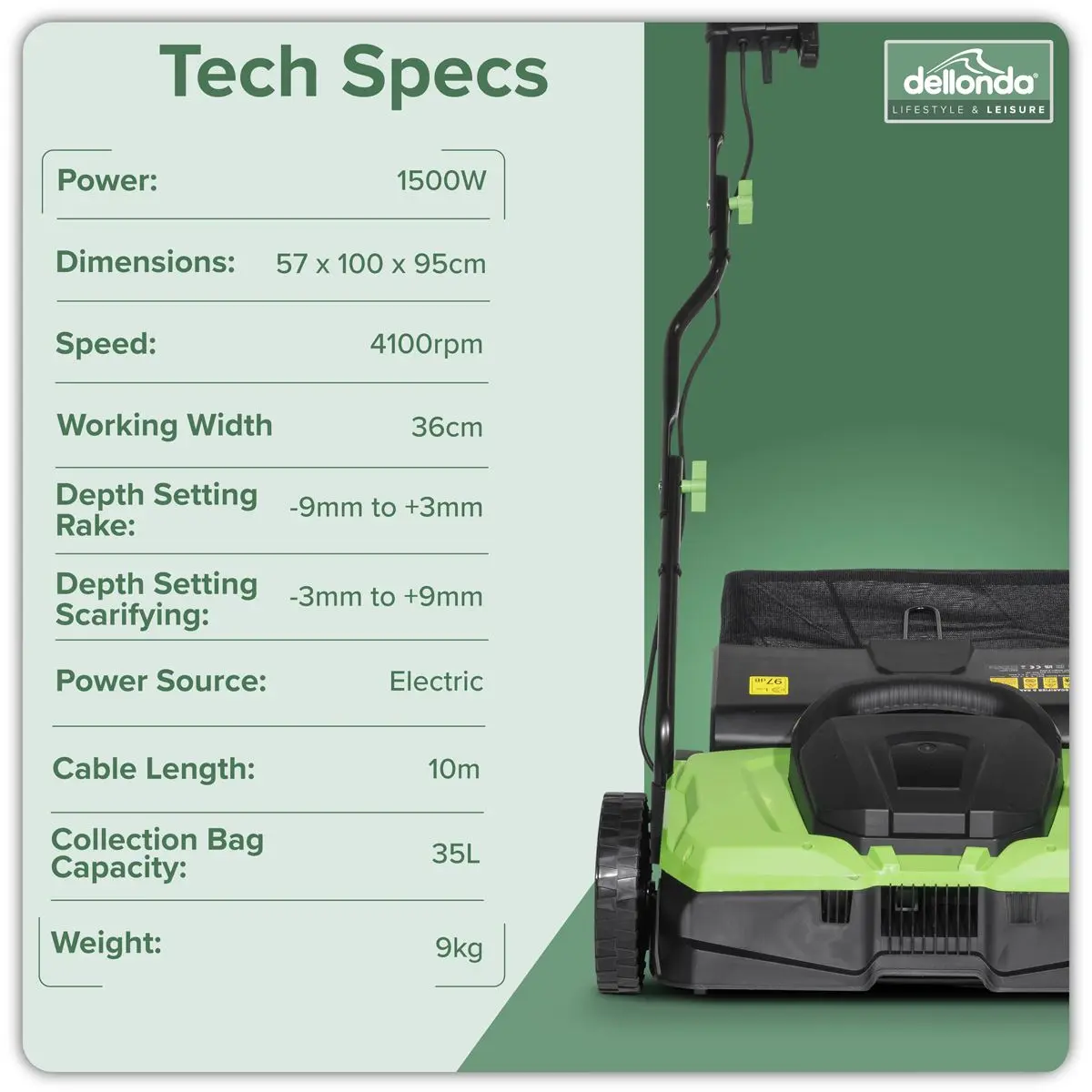 Dellonda 1500W Electric 2-in-1 Scarifier with 5-Heights, 36cm Cutting Diameter, 45L Grass Collection Bag, 10m Mains Cable, Hand Push - Image 10