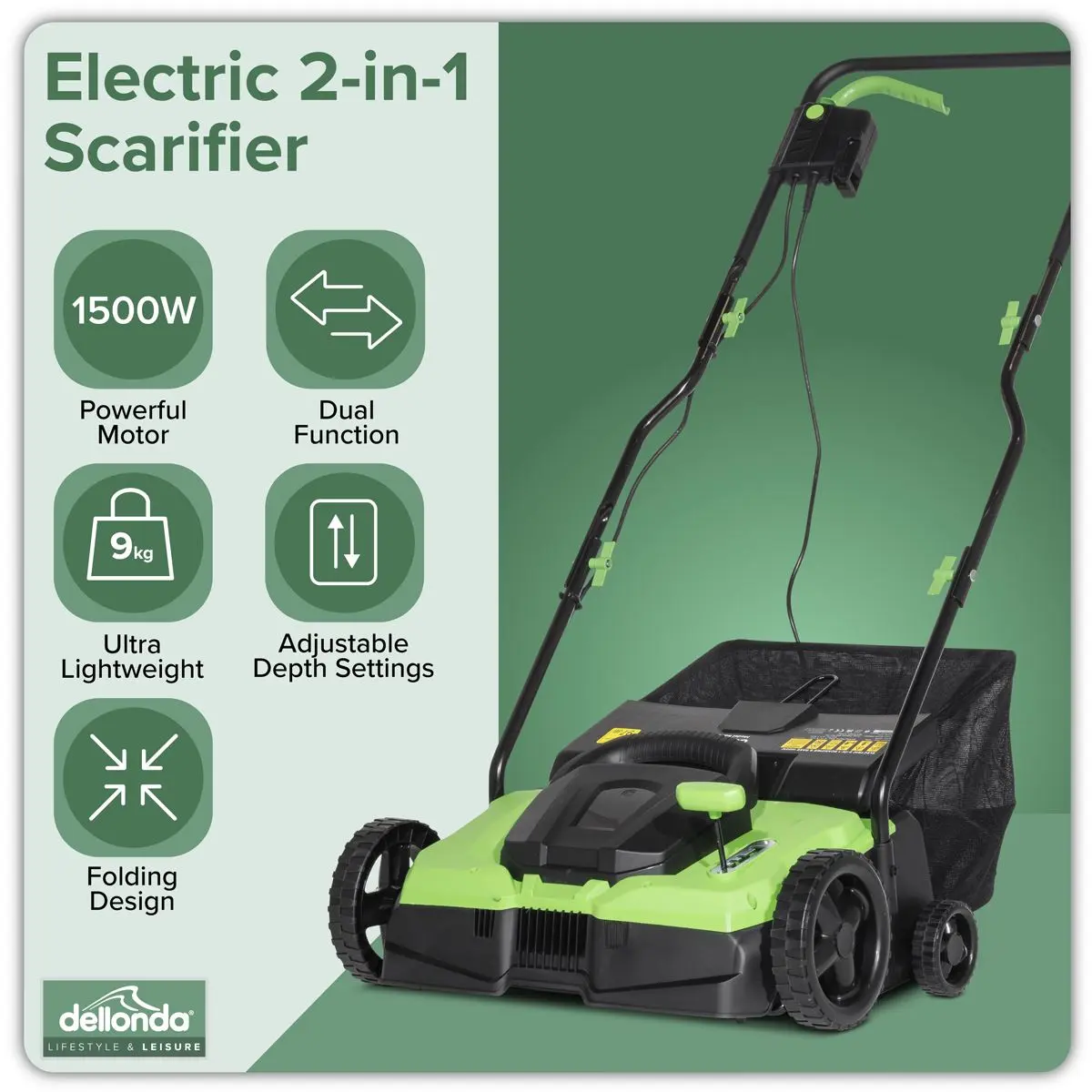 Dellonda 1500W Electric 2-in-1 Scarifier with 5-Heights, 36cm Cutting Diameter, 45L Grass Collection Bag, 10m Mains Cable, Hand Push - Image 7