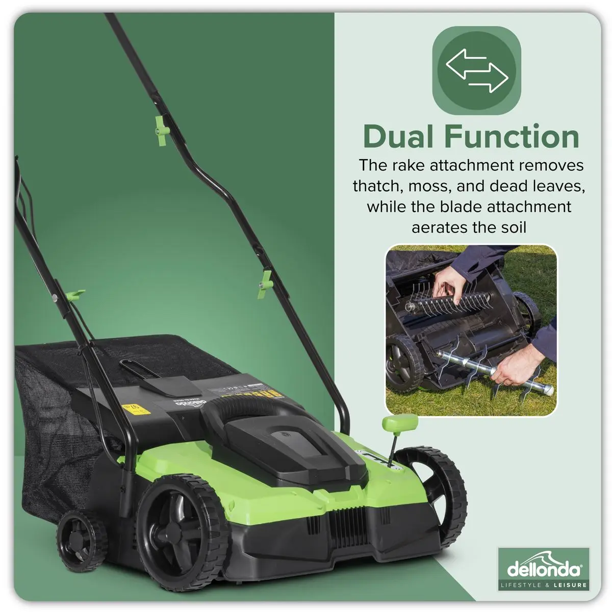 Dellonda 1500W Electric 2-in-1 Scarifier with 5-Heights, 36cm Cutting Diameter, 45L Grass Collection Bag, 10m Mains Cable, Hand Push - Image 9
