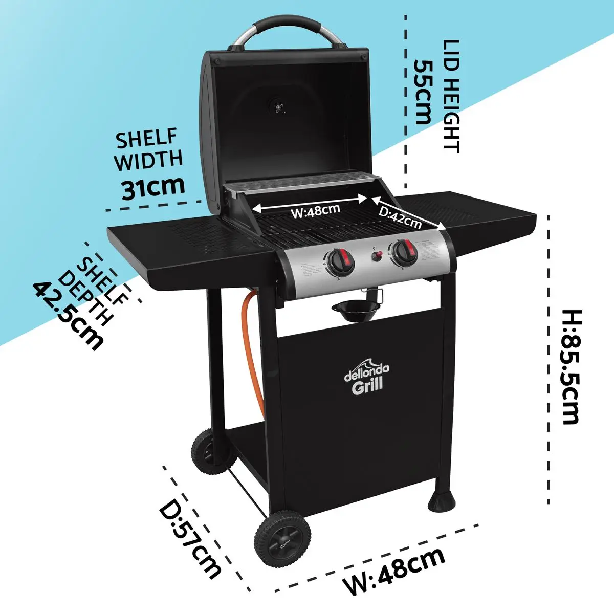 Dellonda 2 Burner Gas BBQ Grill with Ignition & Thermometer - Black/Stainless Steel - Image 3