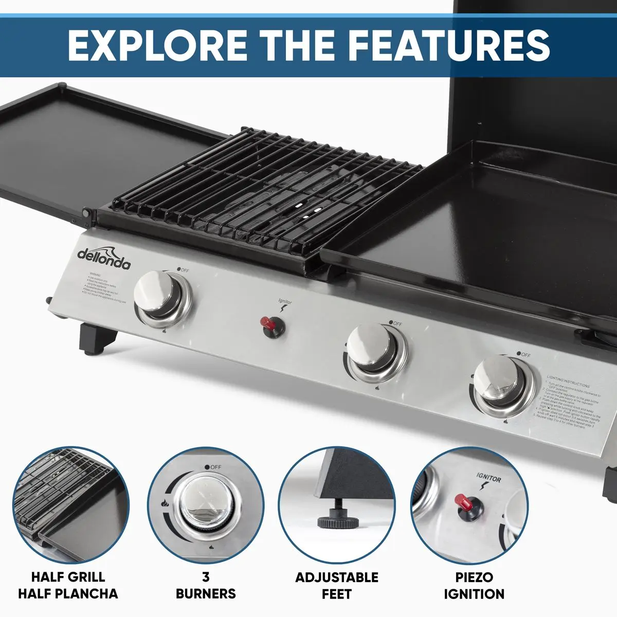 Dellonda 3 Burner Portable Gas Plancha/Grill 8.5kW BBQ Griddle, Stainless Steel - Image 4