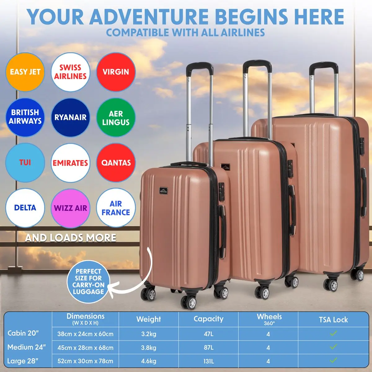 Dellonda 3-Piece Lightweight ABS Luggage Set with Integrated TSA Approved Combination Lock - Rose Gold - DL125 - Image 14