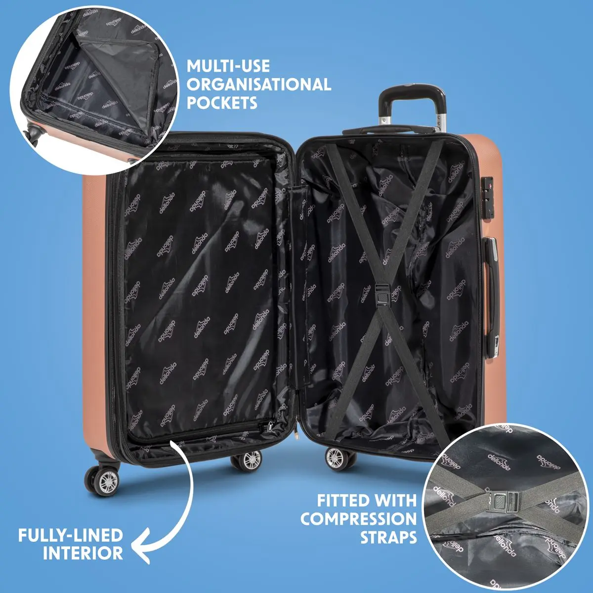 Dellonda 3-Piece Lightweight ABS Luggage Set with Integrated TSA Approved Combination Lock - Rose Gold - DL125 - Image 3
