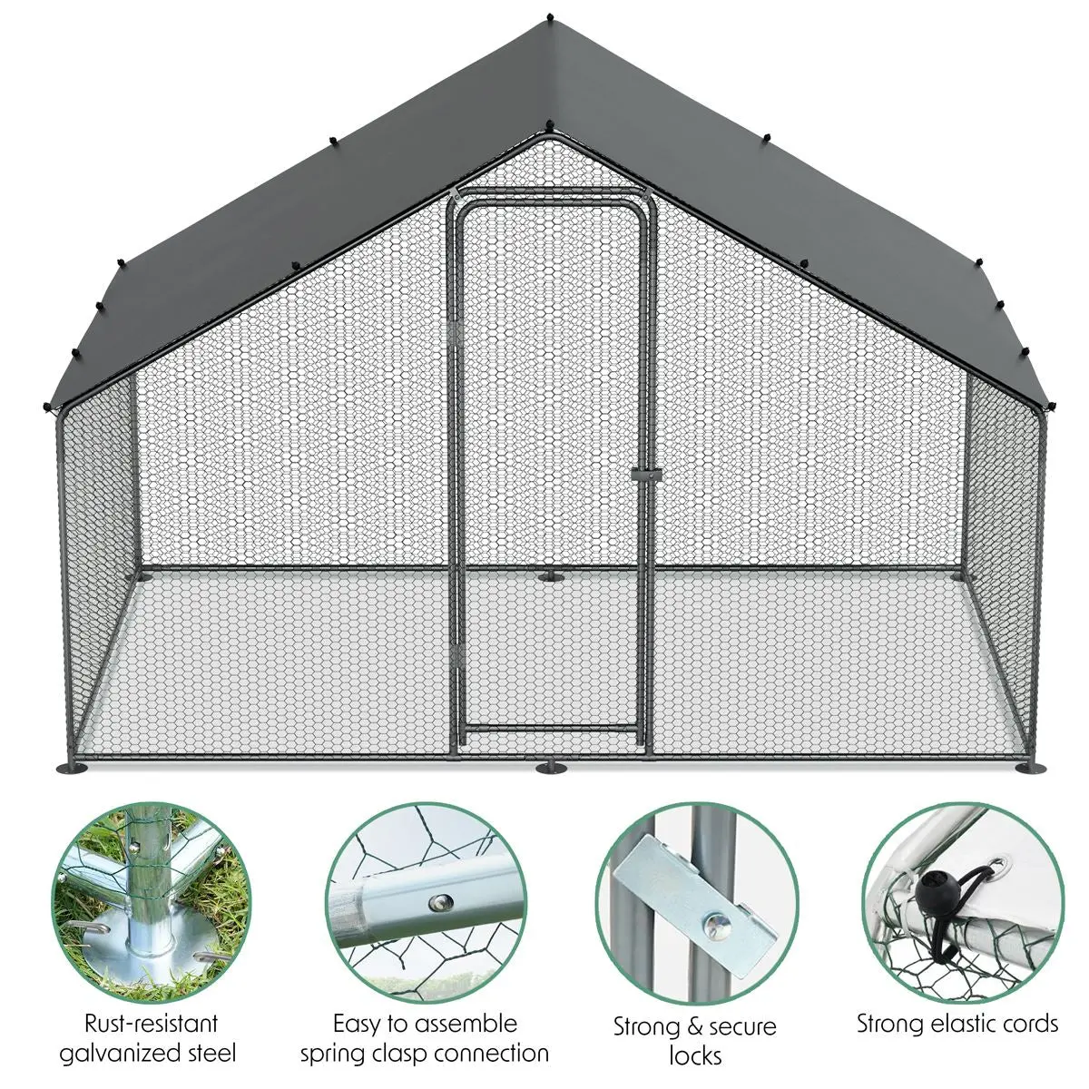 Dellonda 3 x 2 x 2m Walk-In Chicken Run, Galvanized Steel, Roof Cover, PVC Coated Chicken Wire - Image 4