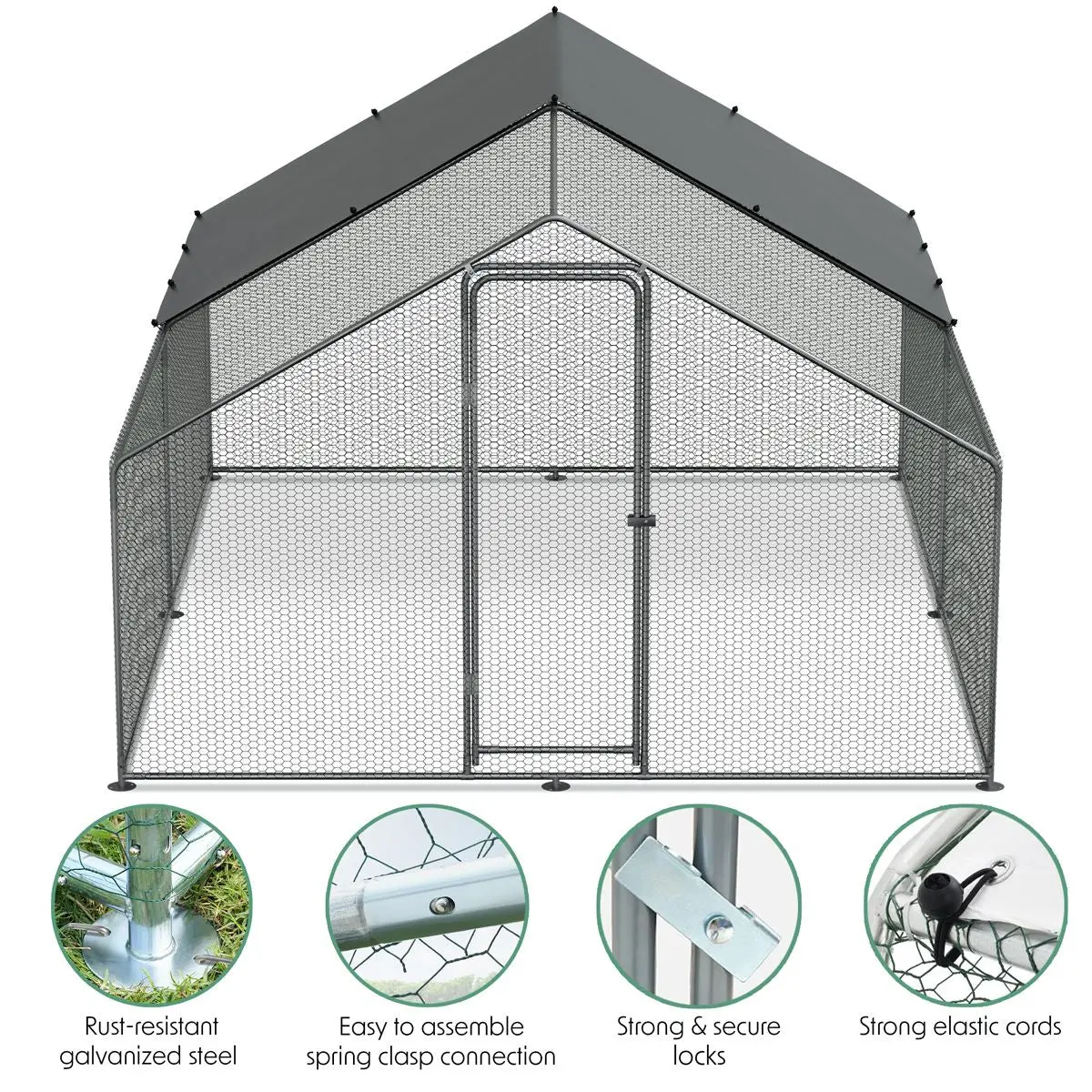 Dellonda 3 x 4 x 2m Walk-In Chicken Run, Galvanized Steel, Roof Cover, PVC Coated Chicken Wire - Image 10