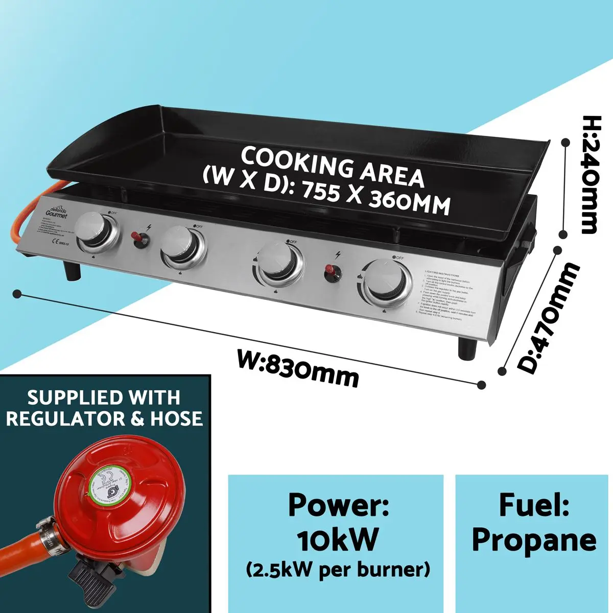 Dellonda 4 Burner Portable Gas Plancha 10kW BBQ Griddle, Stainless Steel - Image 11
