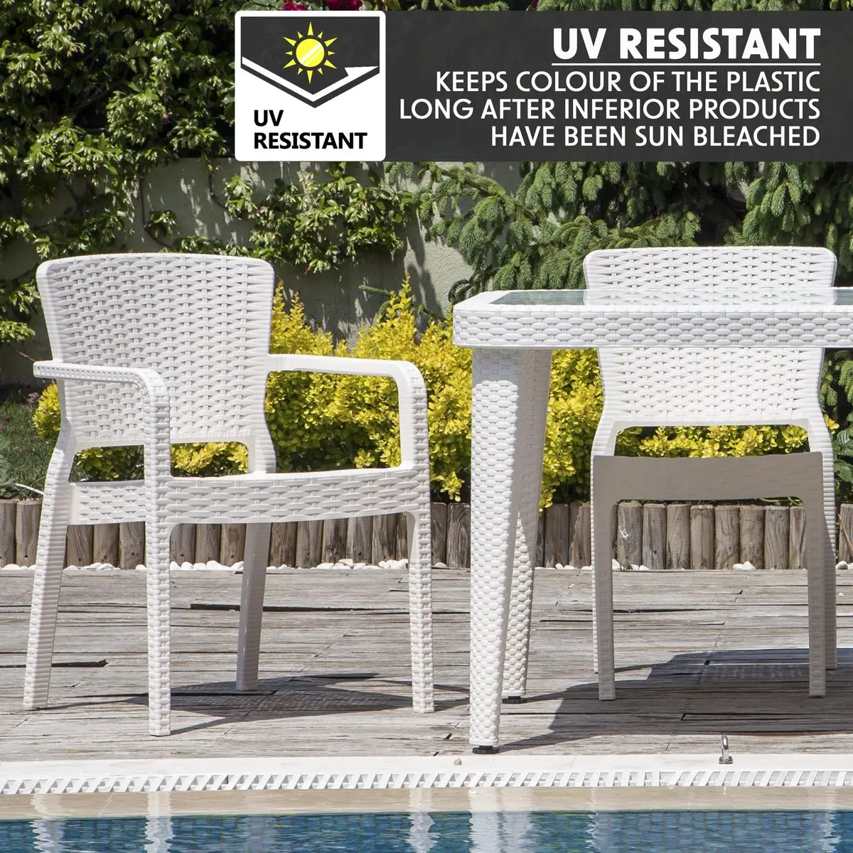 Dellonda 7-Piece Dining Set Weather-Resistant Polypropylene/Fibreglass , Tempered Glass Table Top, Stackable Chairs - White - Image 3