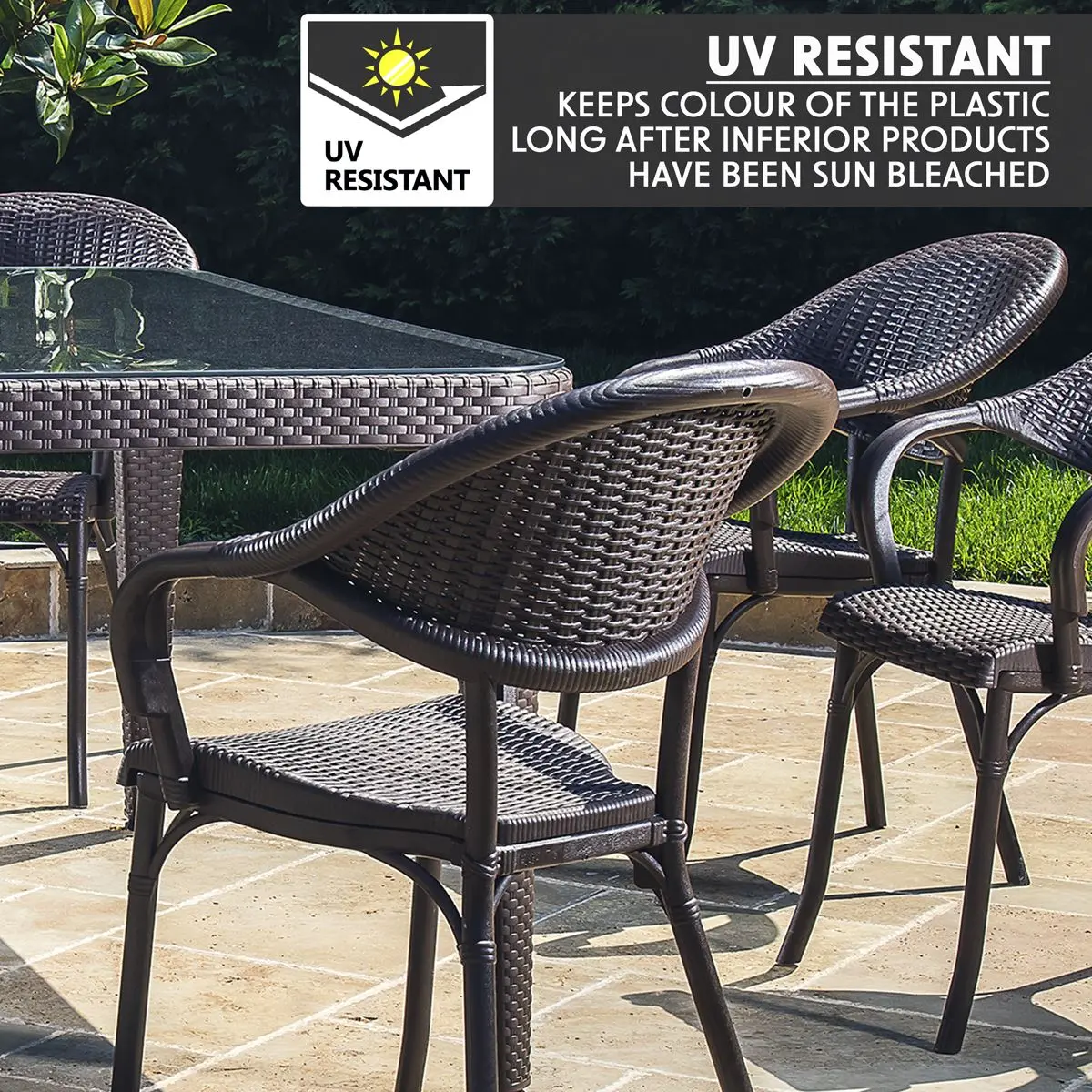 Dellonda 7-Piece Dining Set Weather-Resistant Polypropylene/Fibreglass,Tempered Glass Tabletop, Stackable Chairs - Wenge - Image 7