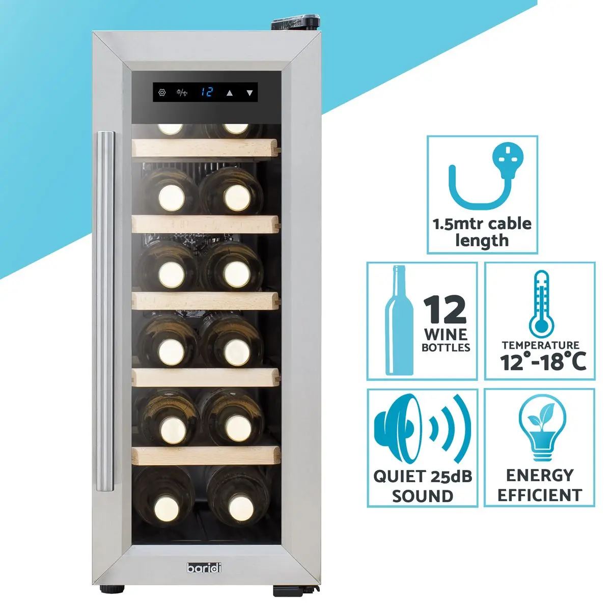 Baridi 12 Bottle Wine Cooler with Digital Touchscreen Controls & LED Light, Stainless Steel - Image 8
