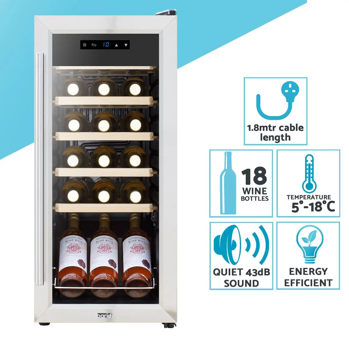 Baridi 18 Bottle Wine Fridge Cooler & Touch Control, LED Light, Stainless Steel - Image 12