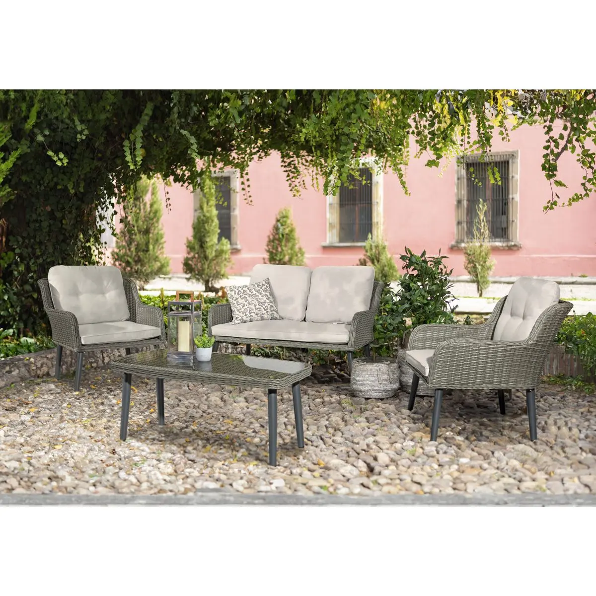 Dellonda Buxton 4 Piece Rattan Wicker Outdoor Lounge Set with Double Sofa, Grey - Image 7