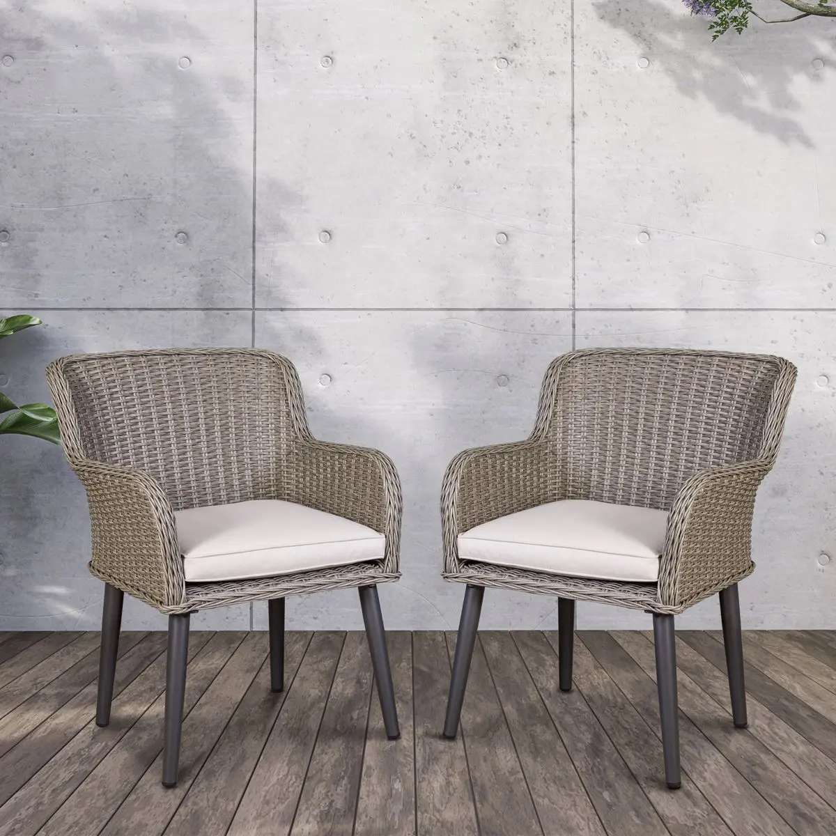 Dellonda Buxton Rattan Wicker Outdoor Dining Armchairs with Cushion, Set of 2, Grey - Image 2