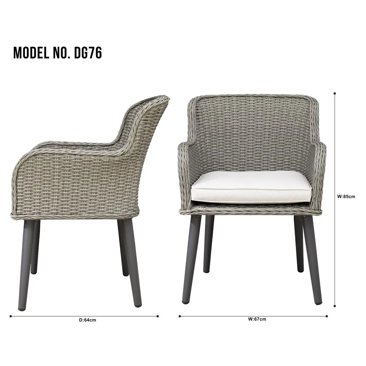 Dellonda Buxton Rattan Wicker Outdoor Dining Armchairs with Cushion, Set of 2, Grey - Image 3