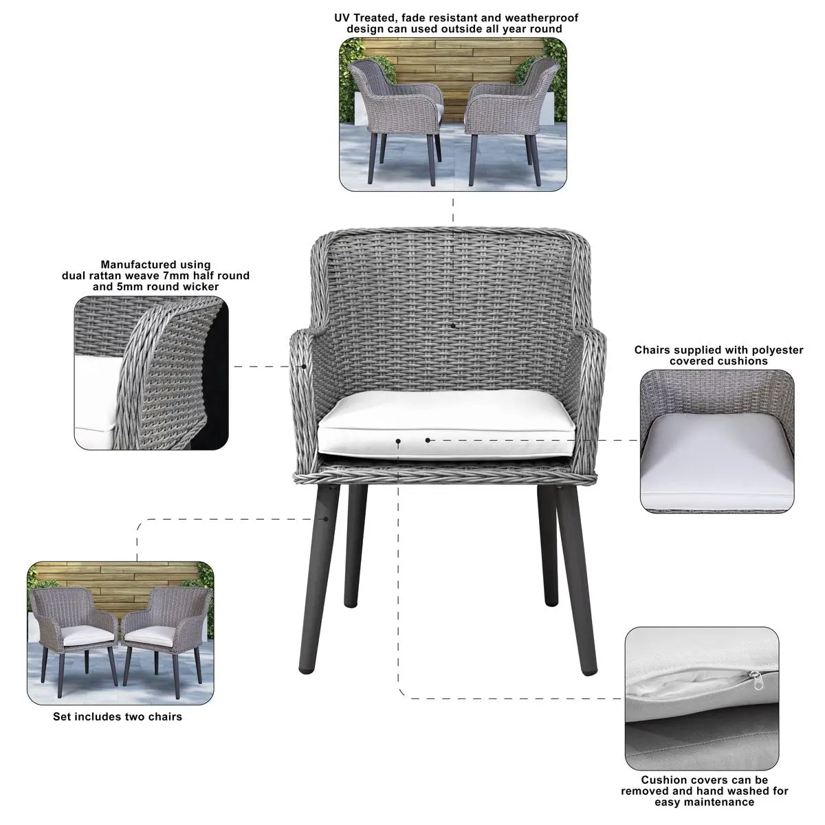 Dellonda Buxton Rattan Wicker Outdoor Dining Armchairs with Cushion, Set of 2, Grey - Image 8