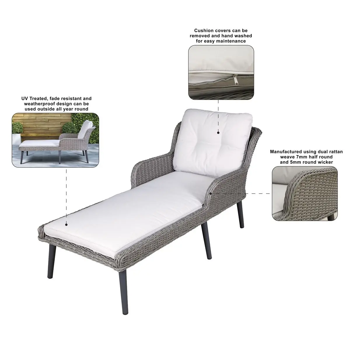 Dellonda Buxton Rattan Wicker Sun Lounger with Armrests Washable Cushions, Grey - Image 6