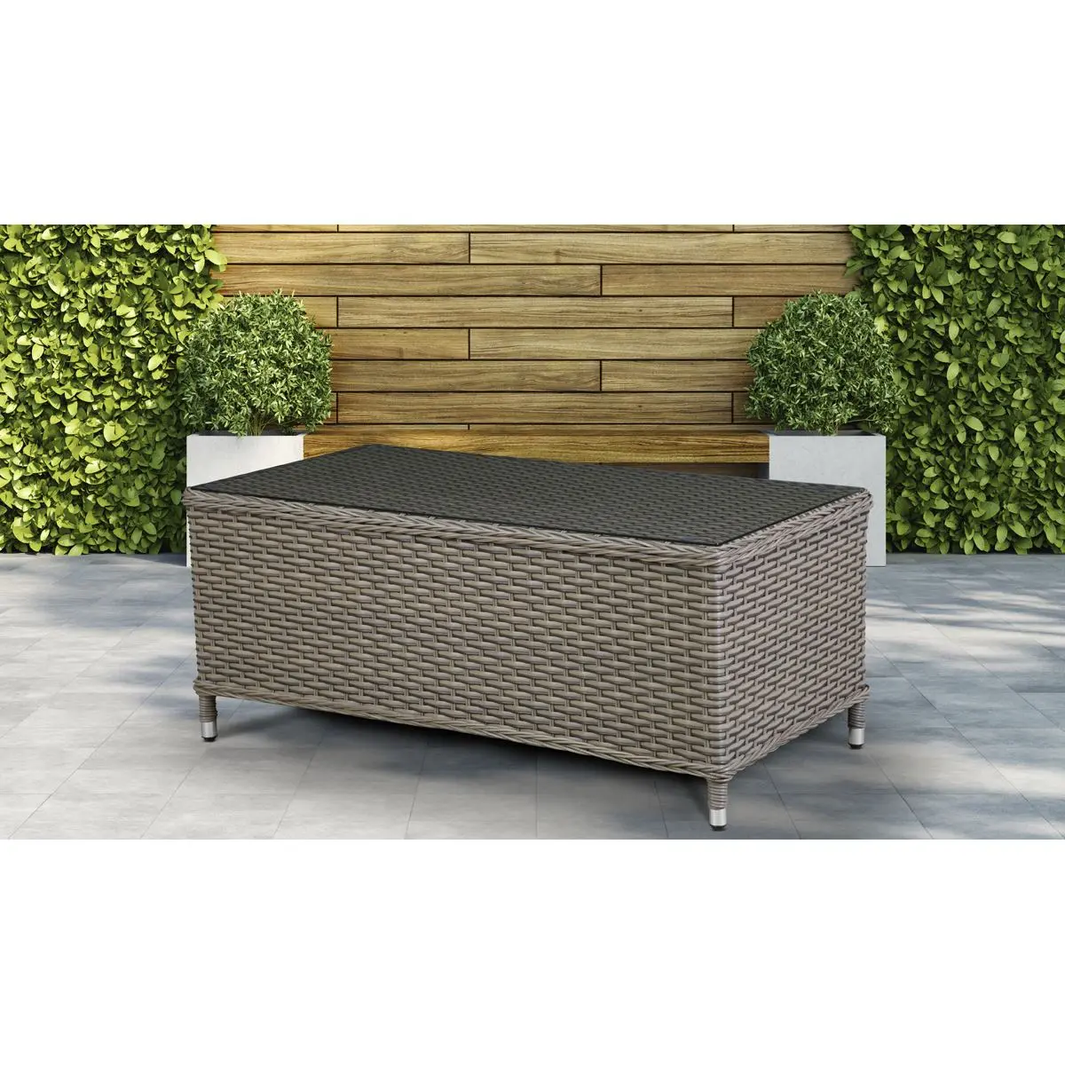 Dellonda Chester Rattan Wicker Outdoor Coffee Table with Tempered Glass Top, Brown - Image 3