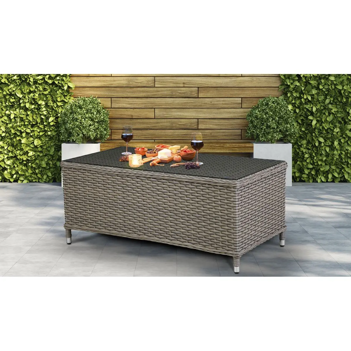 Dellonda Chester Rattan Wicker Outdoor Coffee Table with Tempered Glass Top, Brown - Image 4
