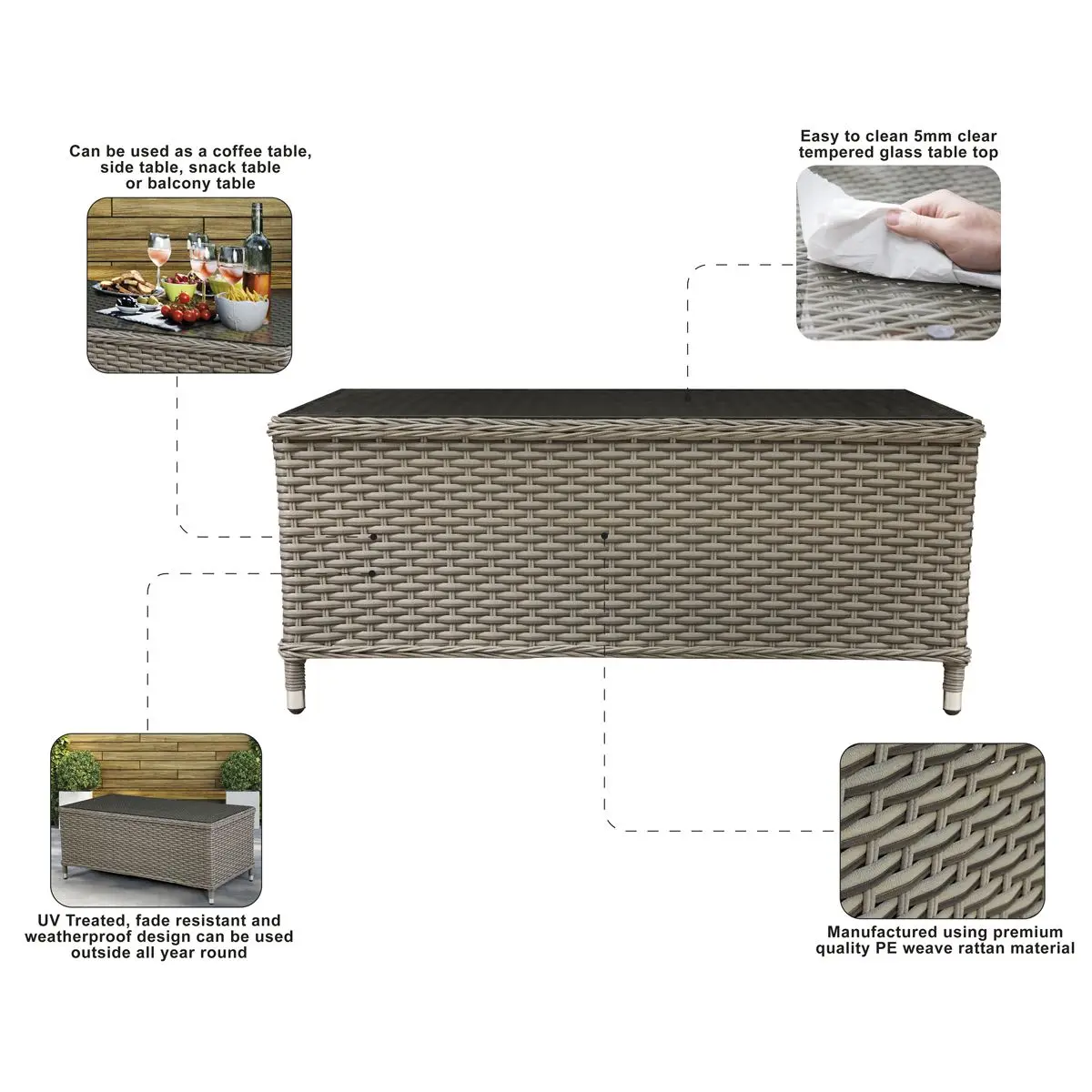 Dellonda Chester Rattan Wicker Outdoor Coffee Table with Tempered Glass Top, Brown - Image 5