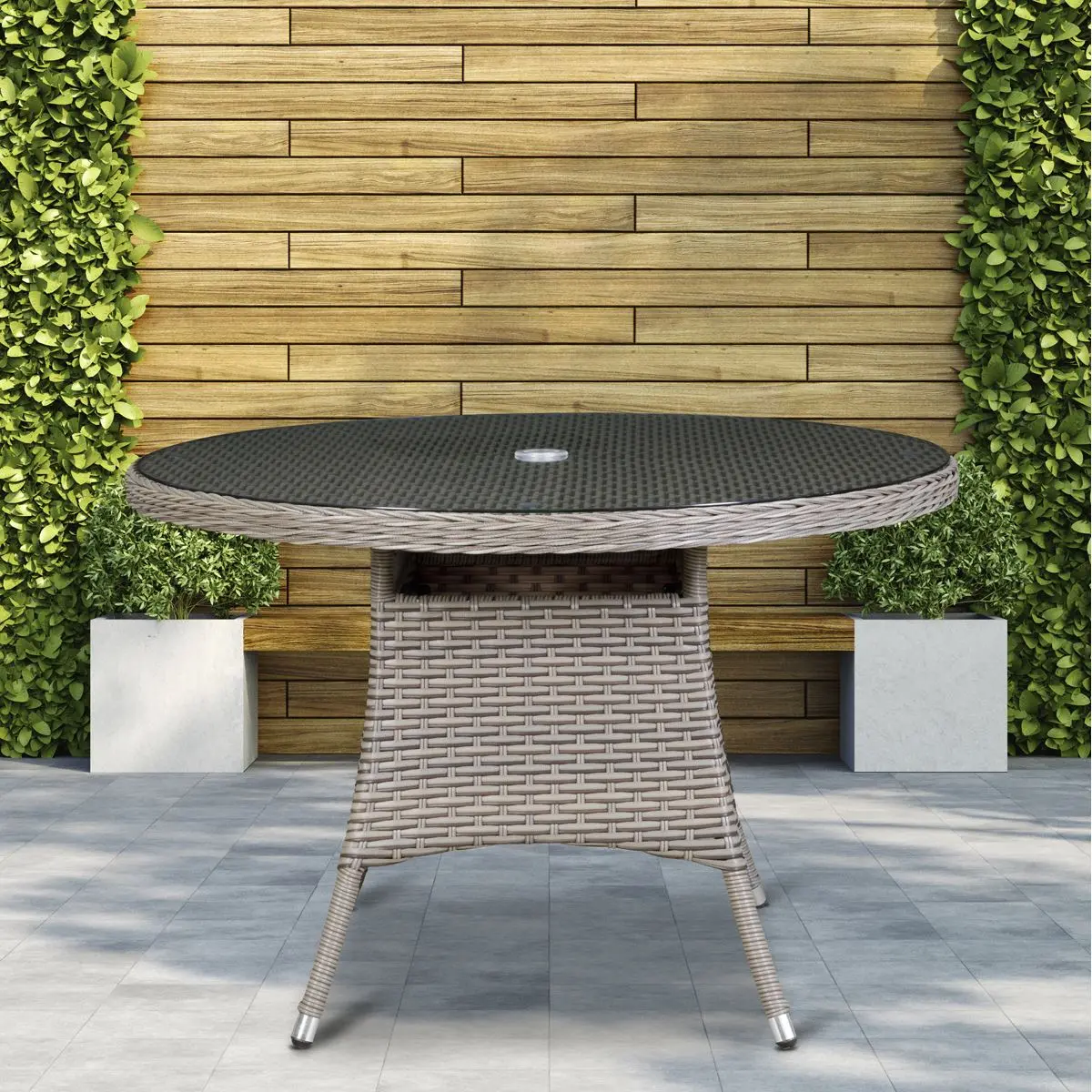 Dellonda Chester Rattan Wicker Outdoor Dining Table with Tempered Glass Top, Brown - Image 2