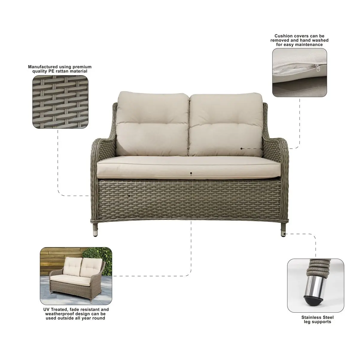 Dellonda Chester Rattan Wicker Outdoor Lounge 2-Seater Sofa with Cushion, Brown - Image 3