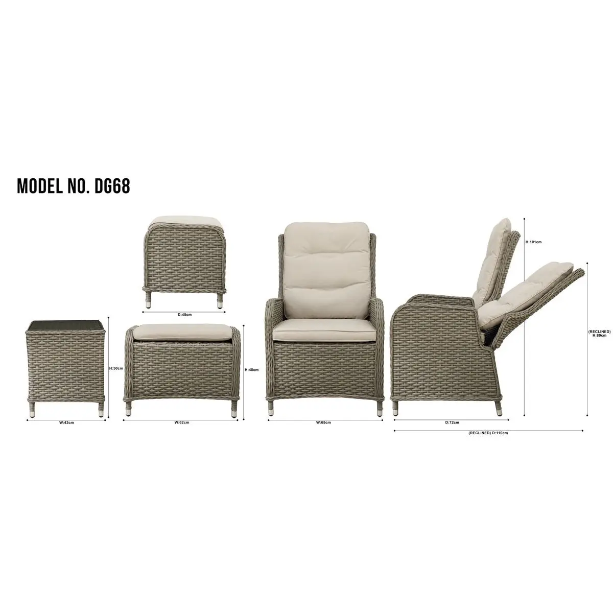 Dellonda Chester Rattan Wicker Outdoor Recliner Seat & Coffee Table Set, Brown - Image 3
