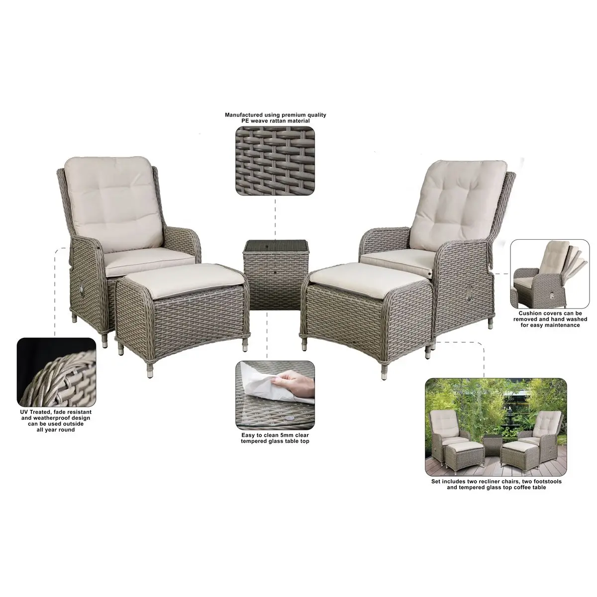 Dellonda Chester Rattan Wicker Outdoor Recliner Seat & Coffee Table Set, Brown - Image 4