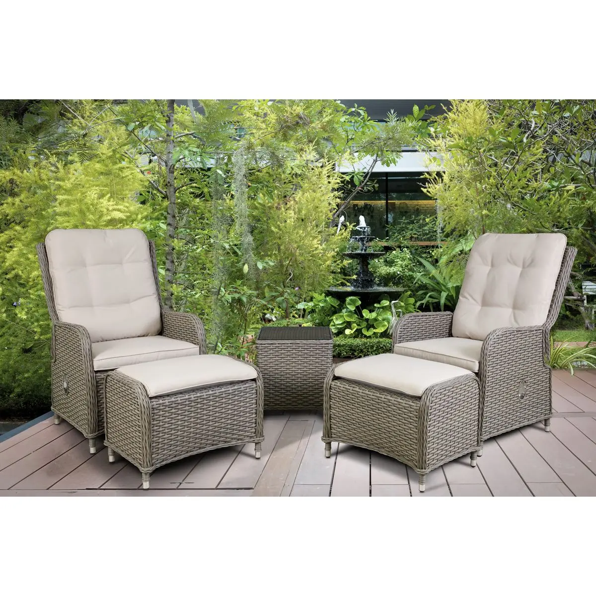 Dellonda Chester Rattan Wicker Outdoor Recliner Seat & Coffee Table Set, Brown - Image 7