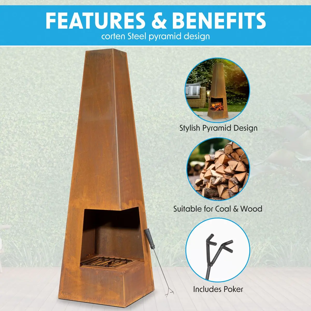 Dellonda Chiminea, Wood Burner, Heater for Outdoors W45cm x H150cm, Corten Steel - Image 4