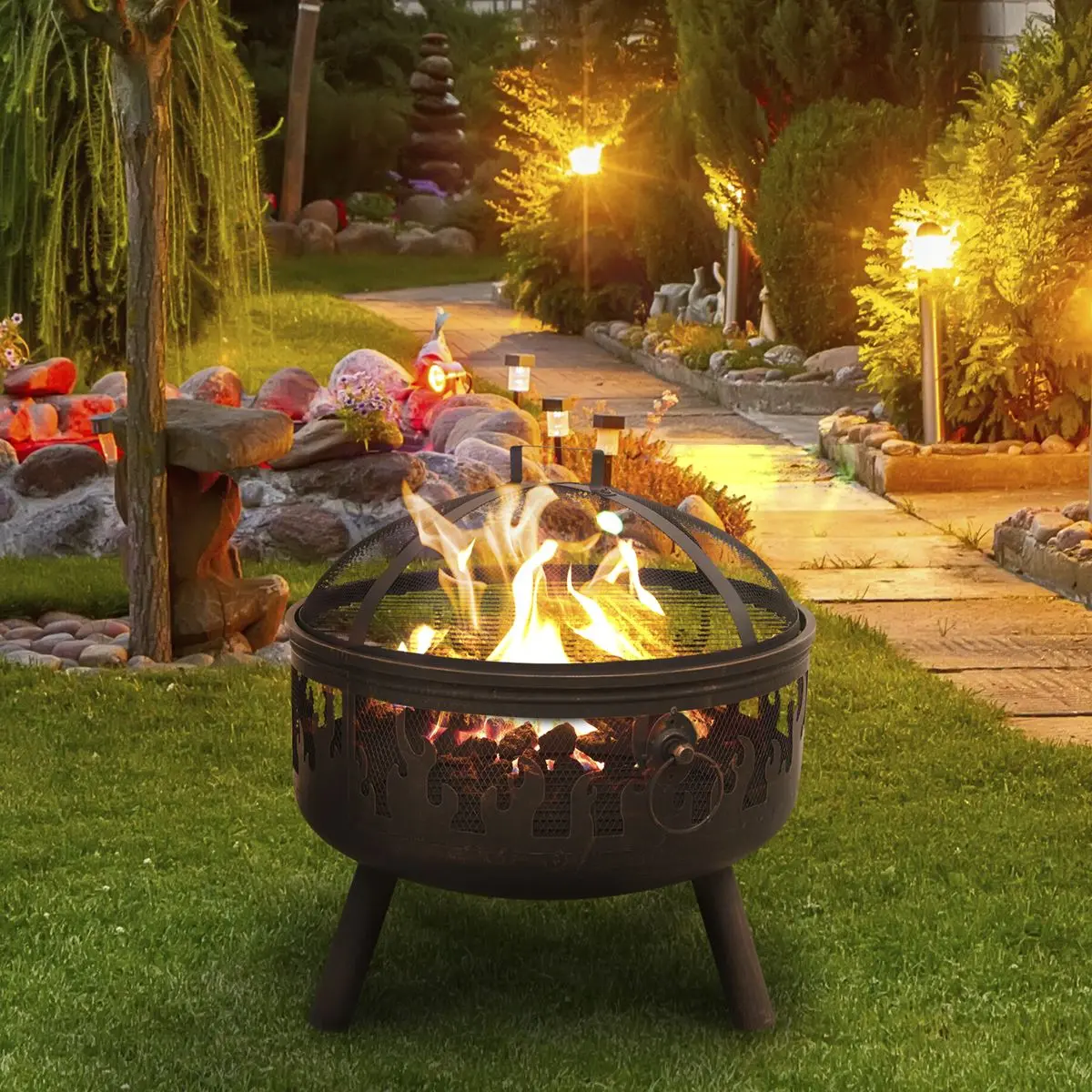 Dellonda Deluxe Firepit Fireplace Outdoor Patio Heater, Cooking Grill & Poker - Image 4