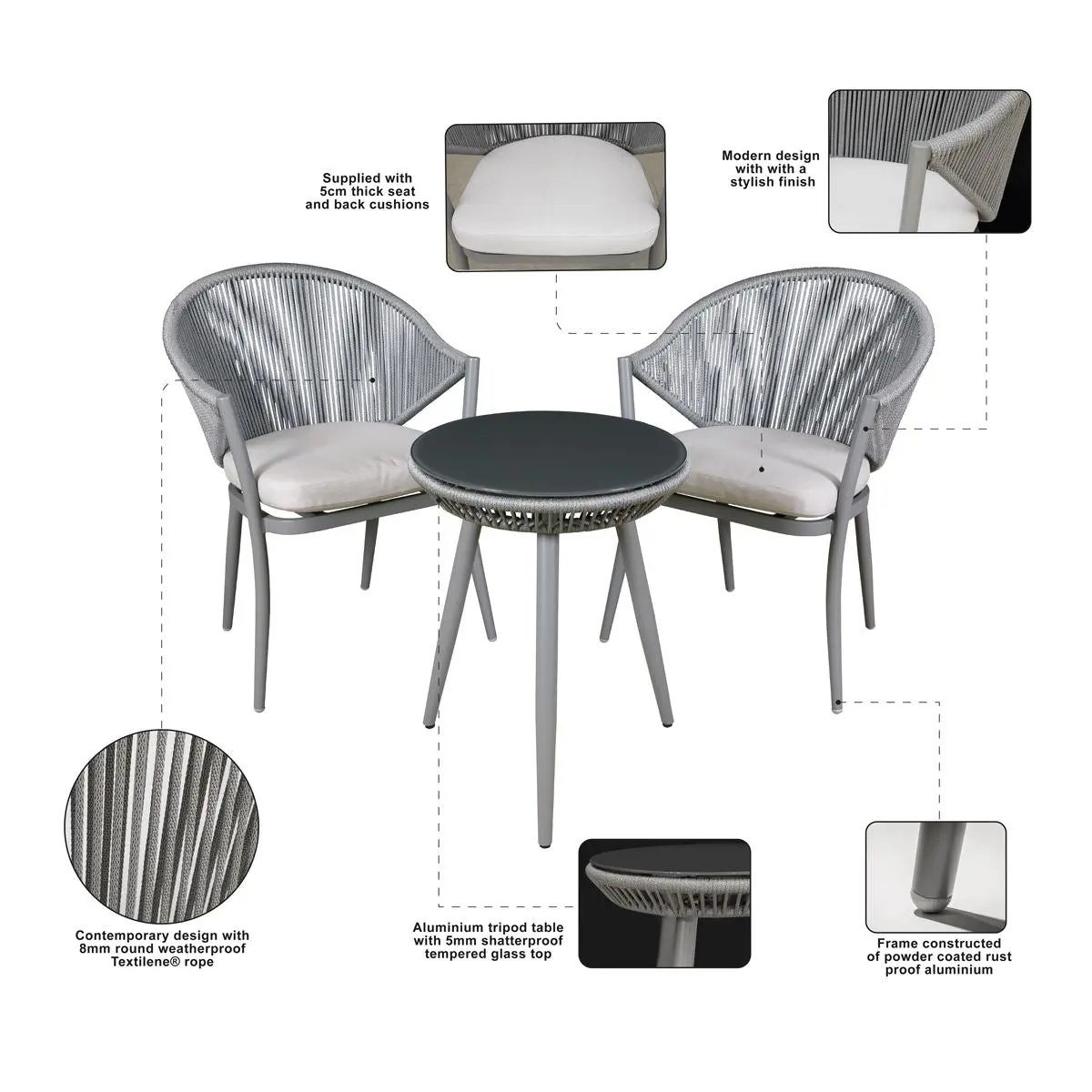 Dellonda Echo 3pc Aluminium Balcony Set with Tempered Glass Top - Image 2