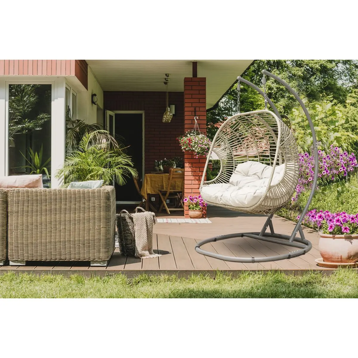 Dellonda Egg Hanging Swing Chair, Wicker Rattan Basket, Steel Frame, Double - Image 3