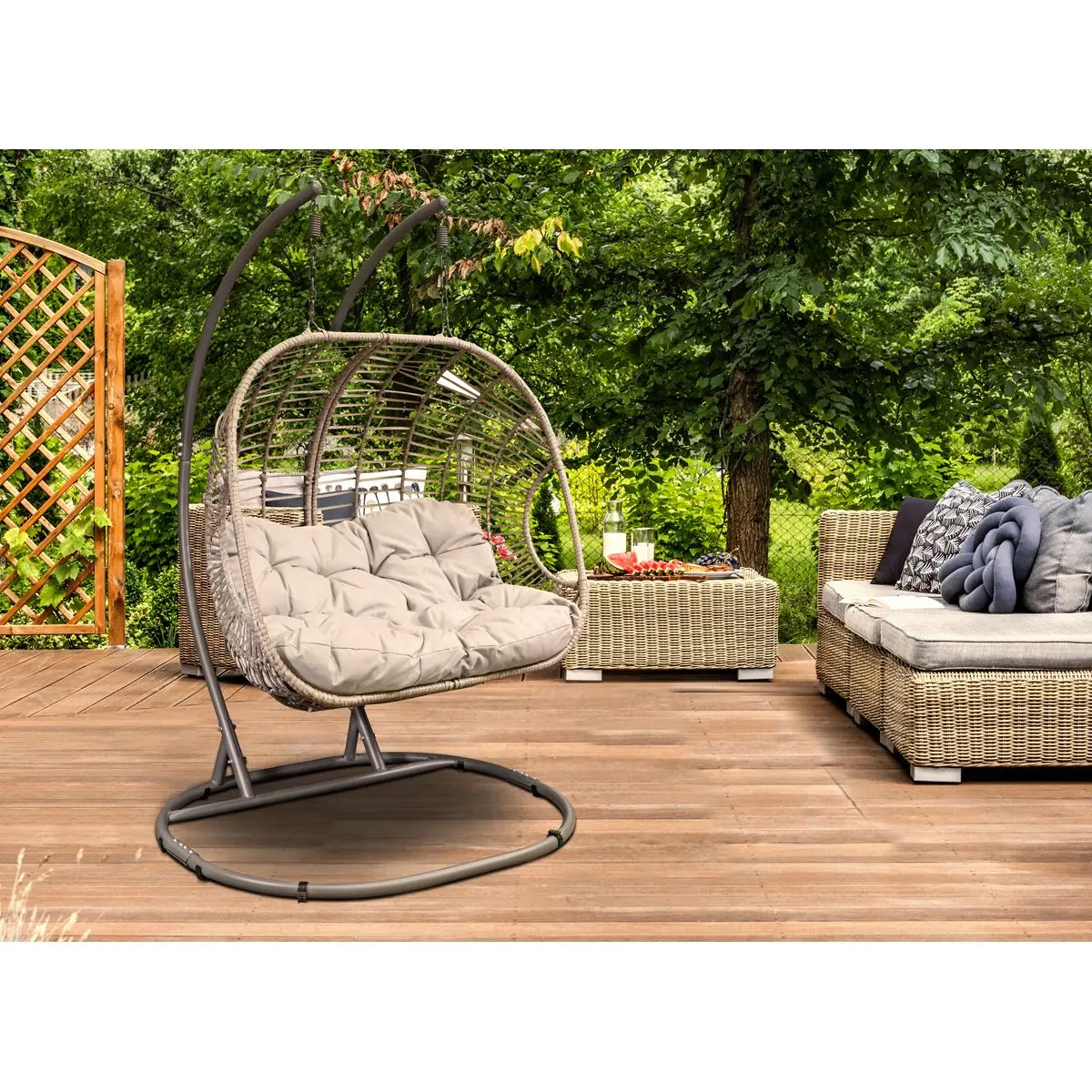 Dellonda Egg Hanging Swing Chair, Wicker Rattan Basket, Steel Frame, Double - Image 4