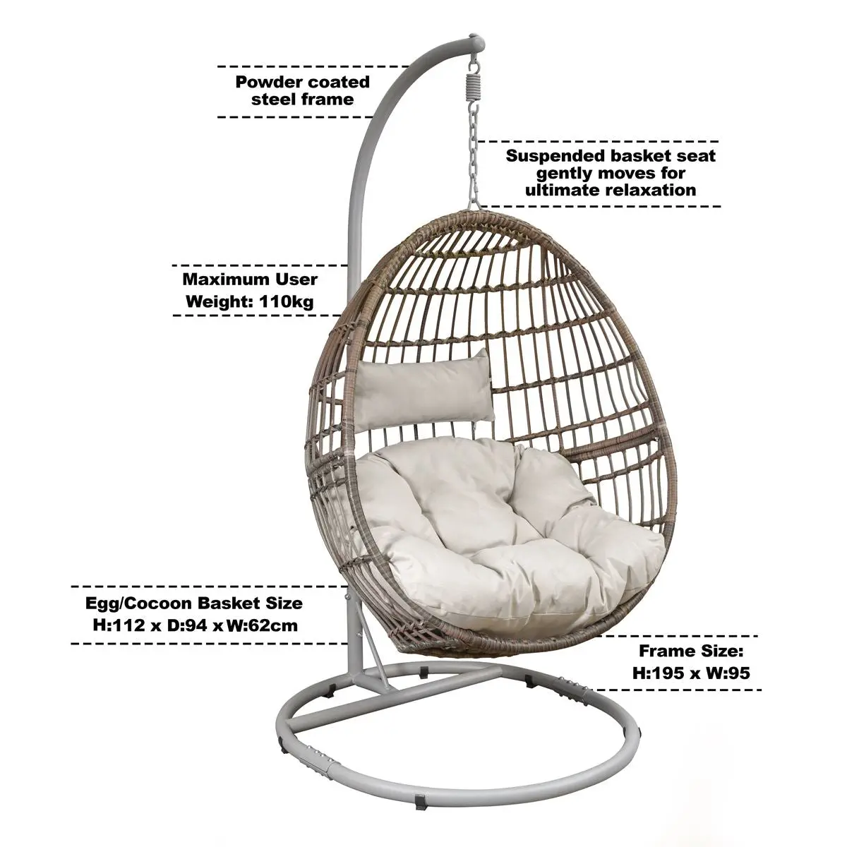Dellonda Egg Hanging Swing Chair, Wicker Rattan Basket, Steel Frame, Single - Image 9