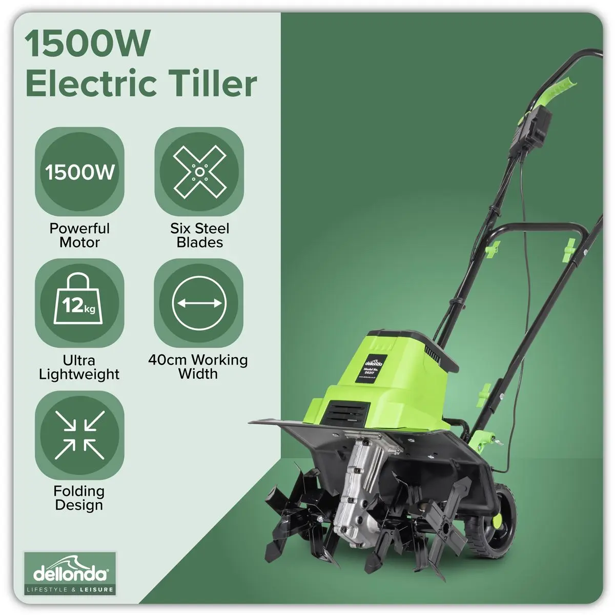 Dellonda Electric Tiller/Cultivator, 1500W Rotavator for Digging Garden Soil, Electric Weeder 40cm Working Width, 6 Blades, 10m Power Cable, Foldable Frame - Image 9