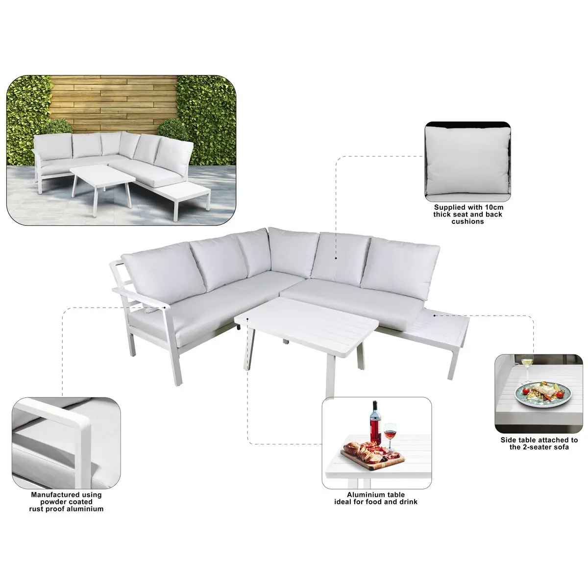 Dellonda Kyoto White 3-Piece Outdoor Garden Corner Sofa & Coffee Table Set - Image 3