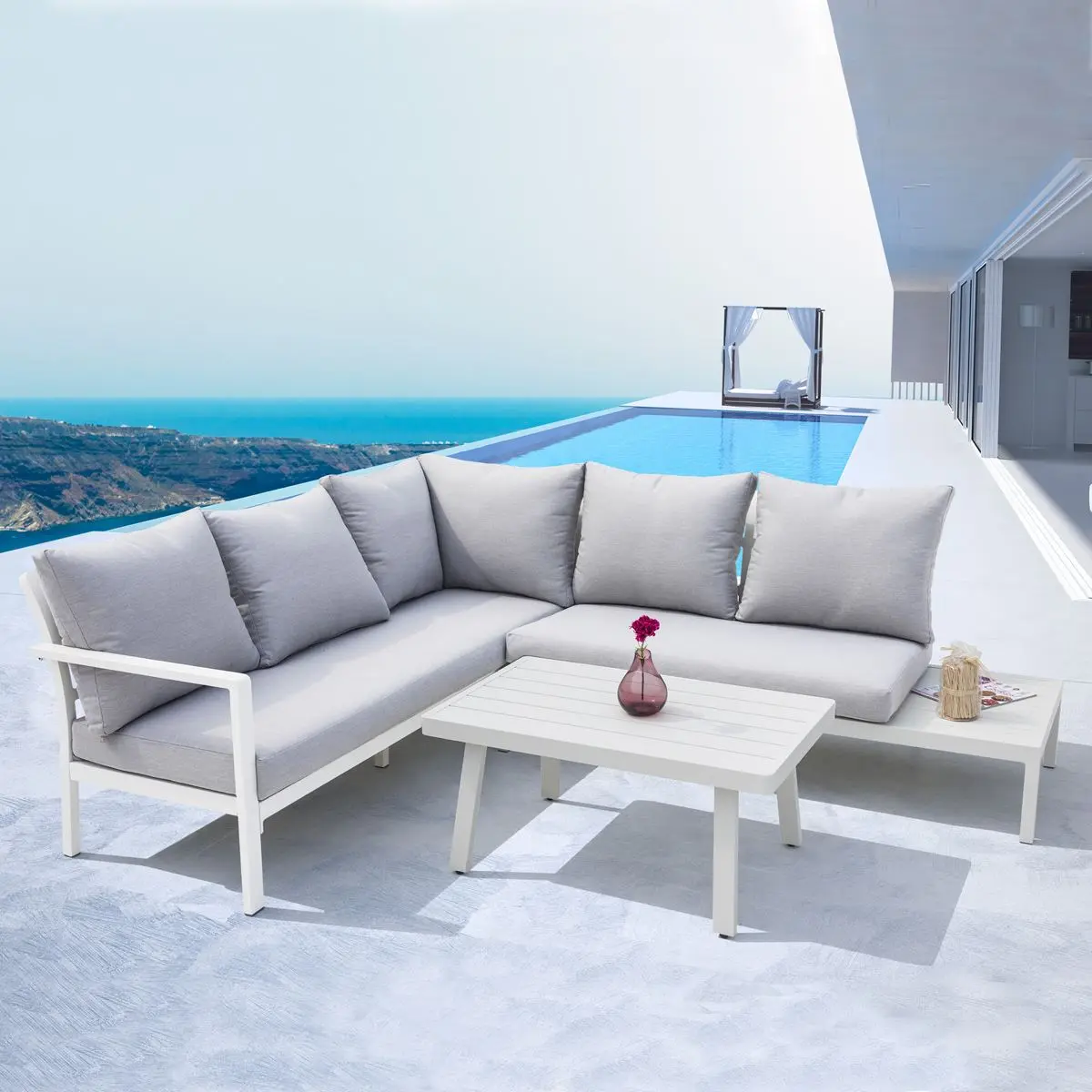 Dellonda Kyoto White 3-Piece Outdoor Garden Corner Sofa & Coffee Table Set - Image 4