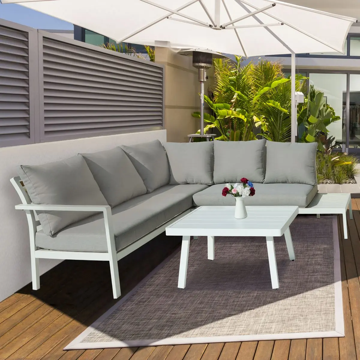 Dellonda Kyoto White 3-Piece Outdoor Garden Corner Sofa & Coffee Table Set - Image 8